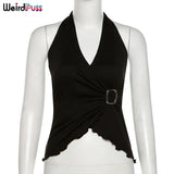 Puss Y2K Fashion Women Bandage Halter Tank Top Elegant Sleeveless Backless Button Asymmetry Solid Casual Streetwear