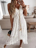 Boho Lace Maxi Dress for Women Holiday Elegant Lady V Neck Spaghetti Strap Sundress White Dress Vestidos De Mujer