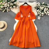 Court Dress Female Design Tuxedo V Collar Long Three House Press Folding Horn Sleeve Dress