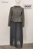Fashion Women's 2 Pcs Set V-neck Long Sleeve Spliced Grey Blazer Loose High Waist Folds Skirt Suits Autumn 2023 New