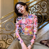 Y2k Aesthetics Mesh Tops Fairycore Graphic T Shirts See Through Kawaii Pink Crop Tops Korean Manga Print T-shirt E
