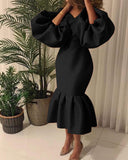 African Large-Size Women's Fashion Pure-Color V-Neck Bubble Long-Sleeved Fishtail Skirt