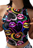 O-Neck Lip Print Short Crop Tank