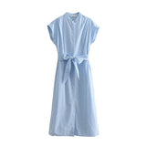 Women's New Striped Side-Side Open-Forked Belt Shirt Dress