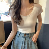 Toloer Color Casual Versatile Short-Sleeved T-Shirt Women With A Bottom Shirt 2024 Summer Slim U-Collar Student Jacket Ins