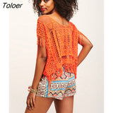 Boho Crochet Chic Lace Top Tassel Batwing Sleeve Loose Casual Beach Blouse Shirt Hollow out Floral Embroidery Women