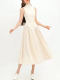 Elegant Pleated Dresses For Women Stand Collar Sleeveless High Waist Tunic Solid Slimming Dress Femlae Summer