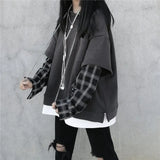 Fake Two Piece Hoodie Women Harajuku Plaid Sweatshirts Japan Kawaii Hoodie Casual Pullovers Tops Gray Oversize Basic