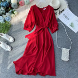 Vintage V Neck Autumn Midi Long Bandage Dress Party Vestido De Festa Evening Women Casual High Waist Elegant A-Line