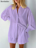 Summer White Elegant Jacquard Fabric Soft Vacation Suits Women Long Sleeves Shirts And Hot Pants Two Pieces