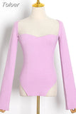 2023 New Autumn Sexy Stylish Sqaure Collar Full Sleeves Knitting Pullover Sexy Slim T-shirt Female Top