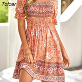 Floral Print Short Dress Women Casual Blue Puff Sleeve Boho Beach Dress Fashion Square Collar New In Dresses