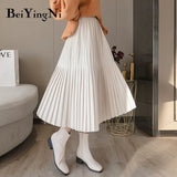 Vintage Pleated Midi Skirt for Woman 2019 Casual Elastic High Waist Solid Skirts Womens Harajuku Office Skirt