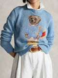 New Women's Bear Embroidered Retro Body Sweater College Style Knitted Shirt