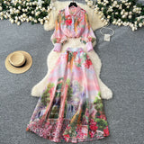 Actress High-End Printing Set Female Lantern Sleeve Buckle Shirt + High Waist Swing Half Body