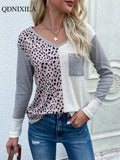 Autumer Summer Knitted Women's Pullover V-neck Leopard Print Splicing Oversized Long Sleeve Female Striped Sweater