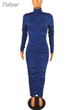 Brown Blue Solid Simple Pleated Maxi Dress Women Turtleneck Full Sleeve Bodycon Dresses Casual Body-shaping Party