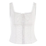 Tank Top Aesthetic 2000s Women White Ruffle Trim Eyelet Cutout Single Breasted Sleeveless Vest Fairycore Clothes