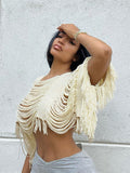 Fashion Women's Knitted Pullover Round Neck Loose Apricot Half Sleeve Asymmetric Tassel Sweater Summer 2023 New