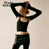 Halter Off The Shoulder Crop Top Y2k Fairy Grunge Shirts 2023 Fashion Sexy 2 Piece Set Long Sleeve Tees