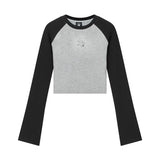 Grunge Patchwork Crop Top Vintage Ribbed Long Sleeve T-shirt Korean Fashion Sexy Slim Tee Shirt 90s Streetwear
