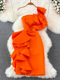 Sexy Skew Collar One Shoulder Ruffle Party Bodycon Dress Women Summer Orange/Blue/White High Waist Slim Vestidos Female Robe