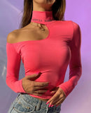 One Shoulder Solid Color Half-High Collar Long-Sleeved