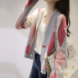 2022 V Neck Knitted Cardicon Sweater Female Winter Argyle Women's Sweater Coat Loose Vintage Knit Casual Jacket