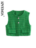Women Fashion With Bejeweled Button Crop Tweed Waistcoat Vintage O Neck Sleeveless Female Outerwear Chic Vest