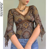 Rockmore Lace Mesh Crop Top Vintage Frill Print T Shirt Women Autumn V Neck Slim Pullovers Harajuku Tshirt Grunge