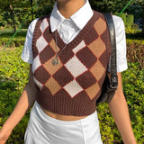 Sweetown Argyle Plaid Knitted Womens Sweater Vest England Preppy Style Cute New Clothes V Neck Casual 90s Knit Jumpers