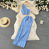 Pink Summer Women Solid 2 Piece One Shoulder Crop Top Tanks Slit Midi Skirt Set Bodycon Sexy Party Elegant