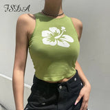 2021 Green Y2K Print Casual Crop Top Women Sleeveless Summer Blue T Shirts Off Shoulder Sexy Tank Tops Vintage
