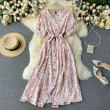 Sweet Floral Dress Women V Neck Puff Sleeve Single-Breasted Belt Dress Summer Bohemian Print A-line Midi