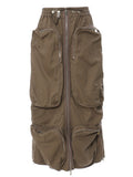 Fashion Women's Skirt New Elastic High Waist Zipper Big Pockets Loose Straight Brown Mid-calf Skirts Autumn 2023