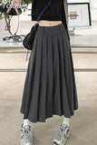 Korean Vintage Pleated Skirt Long Women Autumn Low Rise Preppy Style Casual A-Line Midi Skirt for Girls 90s