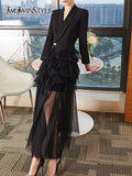 Casual White Dress For Women V Neck Long Sleeve High Waist Loose Solid Patchwork Mesh Midi Dresses Female