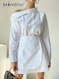 TWOTWINSTYLE White Vintage Dress For Women Irregular Collar Long Sleeve High Waist Patchwork Fake Two Mini Dresses Female