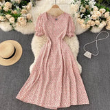 Boho Women Floral Printed dress V neck Puff-Sleeve dresses summer Ruffles beach midi