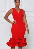 Sexy V-neck Sleeveless Solid Ruffles Layered Midi