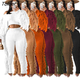 Solid Tassel Fringe Patchwork Short Sweater Top Knitted Two piece Set Pants Set Warm Thick Outfits Women Winter