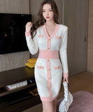Women V Neck Knitting Dress Chic Autumn Winter Golden Button Hit Color Patchwork Bodycon Mini