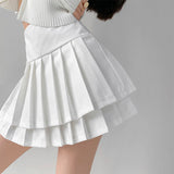Preppy Style Double Pleated Skirt Women Korean Skort Summer Sexy Y2k High Waist Patchwork Solid Mini Skirt A-line