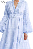 Elegant Long Dresses For Women V Neck Puff Long Sleeve Patchwork Lace Temperament Maxi Female 2023 Spring Fashion