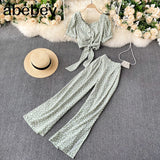 Women Autumn Bohemian Floral Set V Neck Puff Sleeve Short Top+Sexy Split High Waist Wide Leg Long Pants Two Pieces