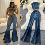 Hot Diamond Cowboy Suit Women's Summer Sleeveless Chest Vest + High-Waisted Denim Horn
