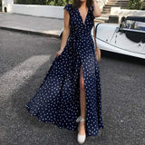 2022 Summer Maxi Dress Women Sexy Split Polka Dot Short Sleeve Long Sundress Celmia Bohemian Belted V-Neck Party Beach