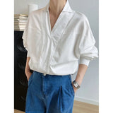 Women White Elegant Big Size Blouse New V-collar Long Sleeve Loose Fit Shirt Fashion Tide Spring Autumn 2023