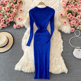 Women Shiny Knitted Dress Long Sleeve O Neck Elastic Slim Pencil Dresses Autumn Sexy Bodycon Streetwear Sweater