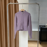 Women's Zipper Up Mock Neck Crop Knit Cardigan Autumn Winter 2022 Loose Casual Thick Sweater